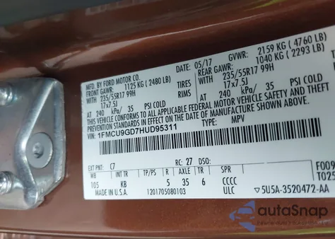 2017 Ford Escape Se из США, поврежденный, VIN 1FMCU9GD7HUD95311